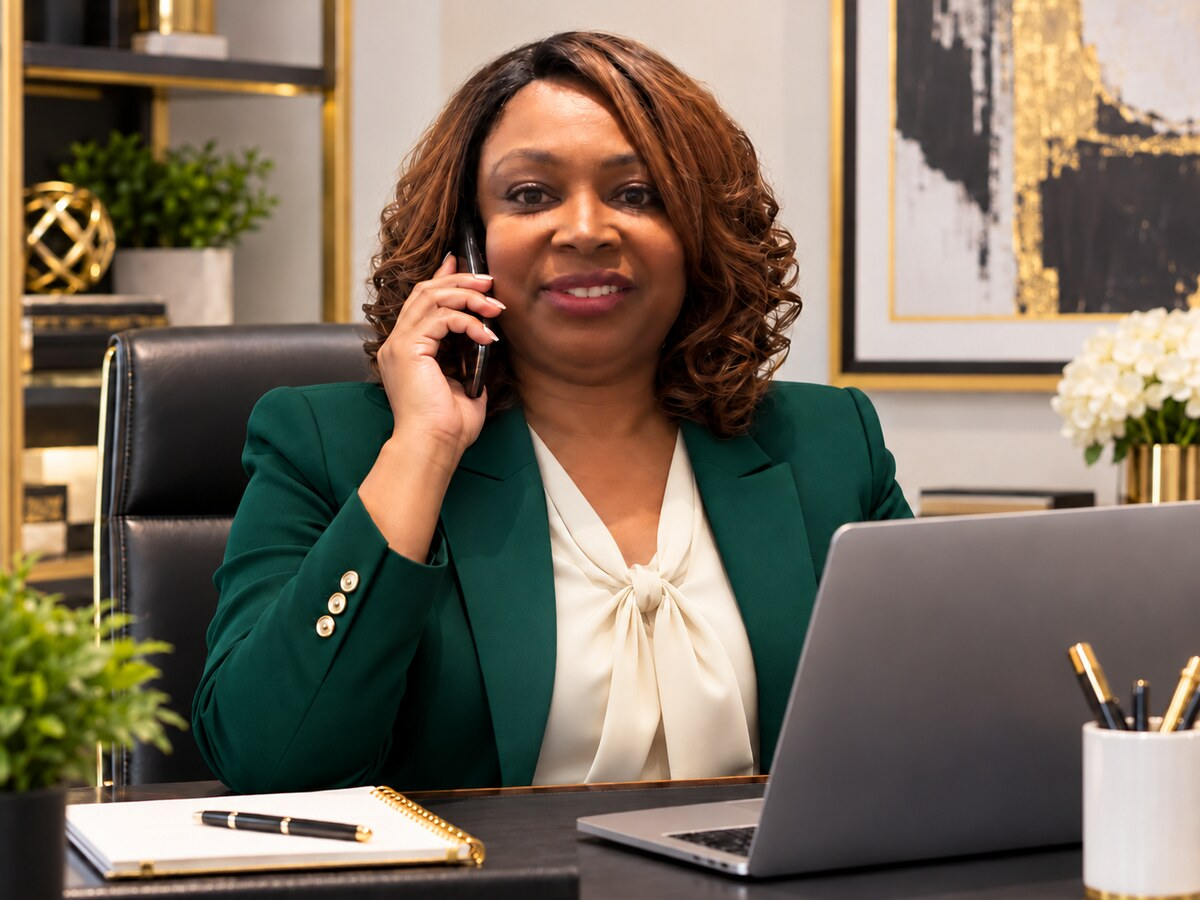 Myriam taking a phone call at her desk in an office, wearing a green blazer and ivory blouse