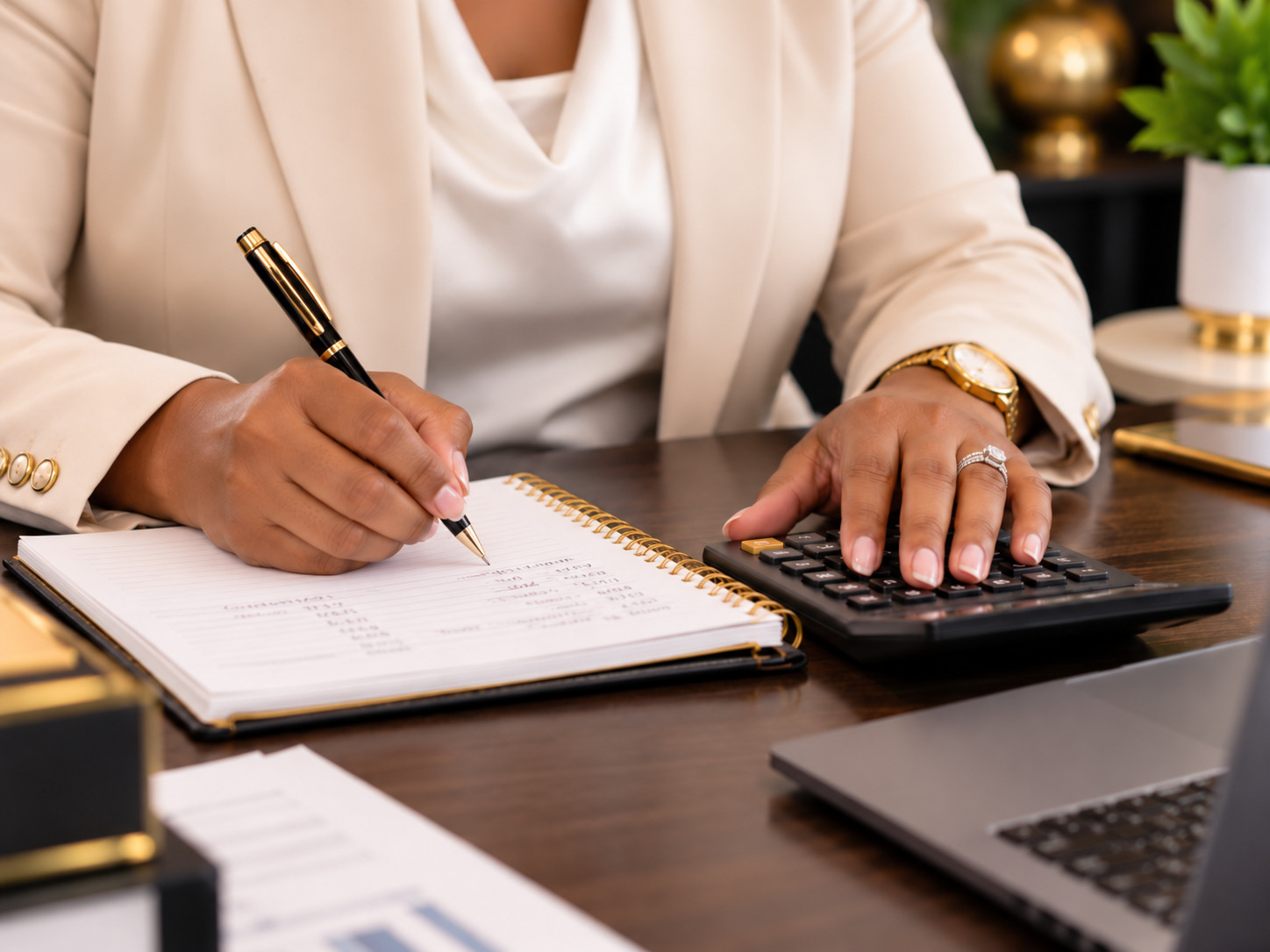 MST owner’s hands writing in a notebook and using a calculator